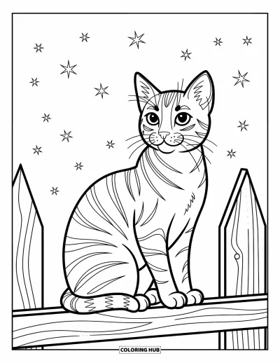 Cat Coloring Page for Kids: A curious cat perches on a rustic fence, watching the glowing stars in a beautifully outlined night sky