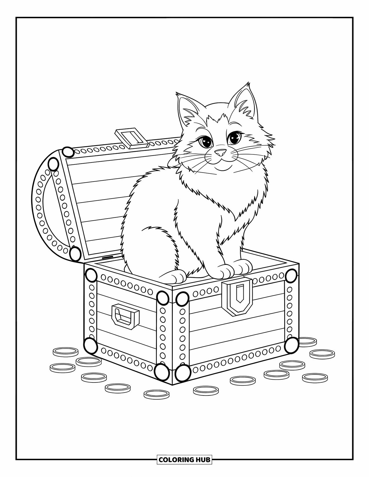 Kleurplaat Kat voor Kinderen: Een nieuwsgierige kat zit op een open kist en staart naar verspreide gouden munten in een dynamische, vetgedrukte scène