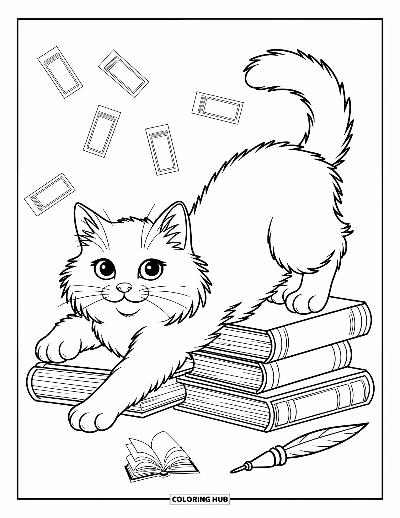 Kleurplaat Kat voor Kinderen: Een nieuwsgierige kat rekt zich uit naast een grillige stapel boeken, zijn staart krult speels