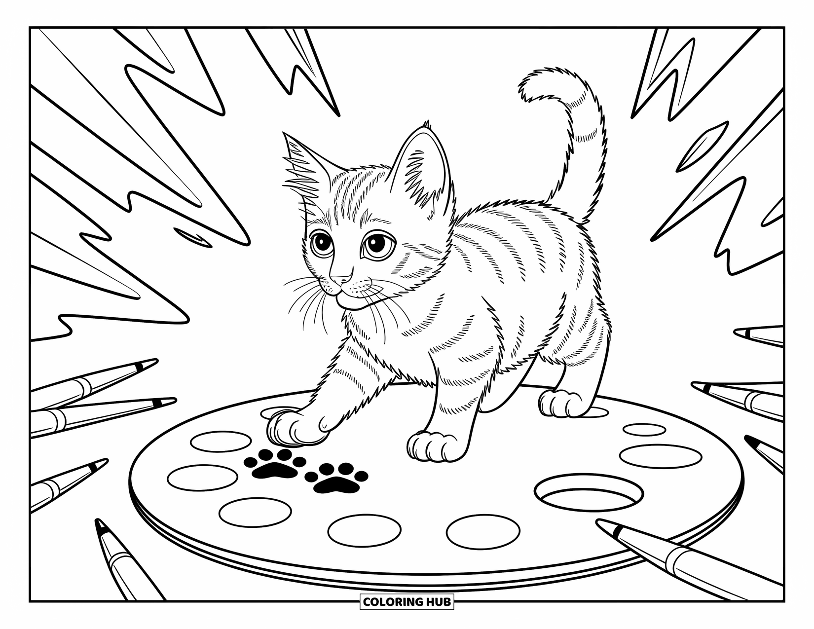 Kleurplaat Kat voor Kinderen: Een nieuwsgierig kitten verkent het palet van een kunstenaar, zijn kleine pootjes markeren een spoor van creativiteit