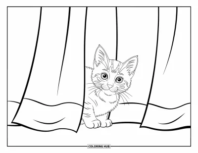 Cat Coloring Page for Kids: A curious kitten leaps across toy train tracks, surrounded by simple, engaging details
