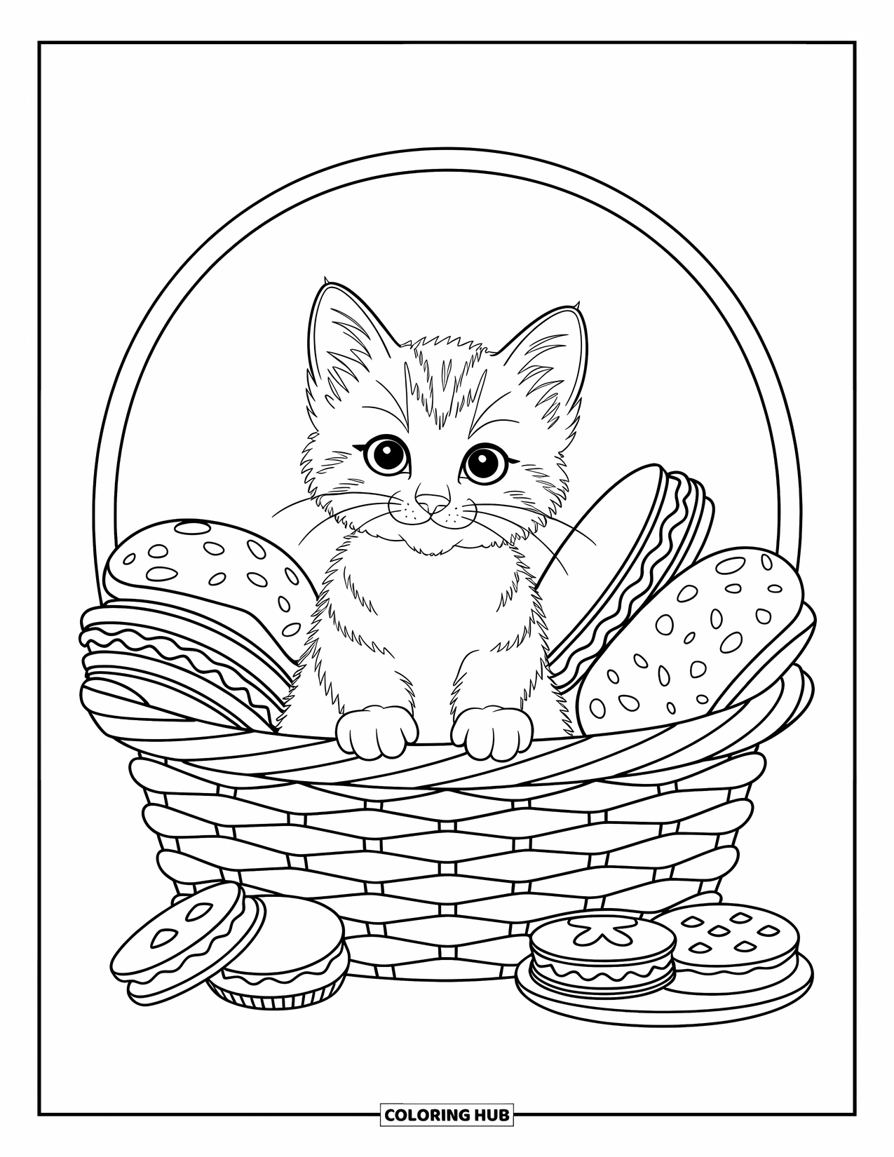 Kleurplaat Kat voor Kinderen: Een nieuwsgierig kitten ligt in een picknickmand, omlijst door zwevende bloemen en grillige details