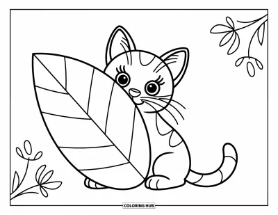 Cat Coloring Page for Kids: A curious kitten peeks from behind a large leaf, eyes filled with wonder