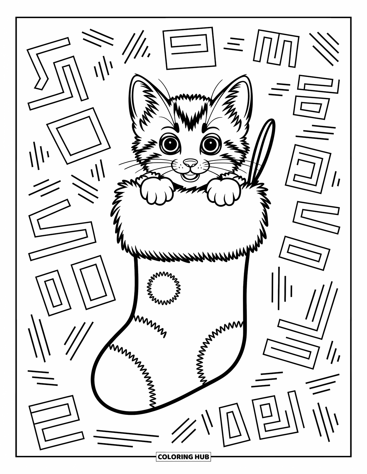 Kleurplaat Kat voor Kinderen: Een nieuwsgierig kitten piept uit een kerstsok, omringd door feestelijke hulstbladeren en fonkelende sterren