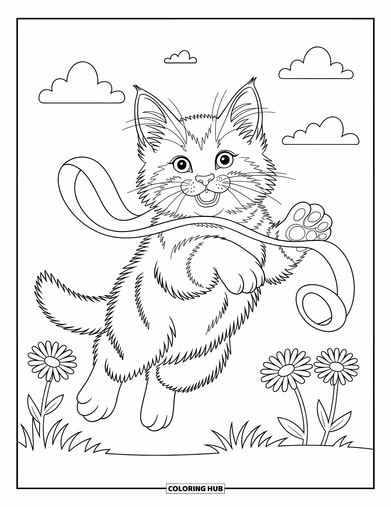 Kleurplaat Kat voor Kinderen: Een nieuwsgierige kitten speelt speels met een wervelend lint in de lucht