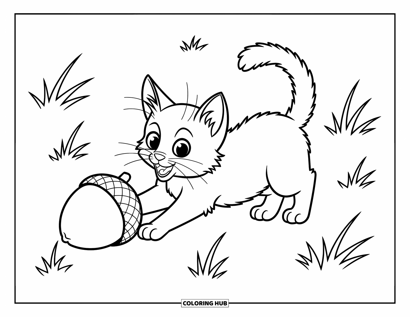 Kleurplaat Kat voor Kinderen: Een nieuwsgierig kitten duwt een eikel over de grond, zijn wijde ogen vol opwinding