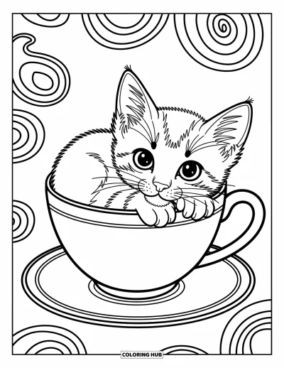 Cat Coloring Page for Kids: A curious kitten reaches up with one paw, trying to catch a floating feather