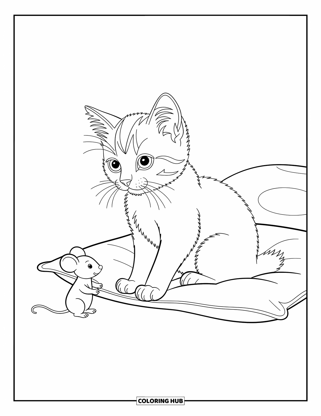 Kleurplaat Kat voor Kinderen: Een nieuwsgierig kitten rust op een zacht kussen, zijn ogen gericht op een speelgoedmuis