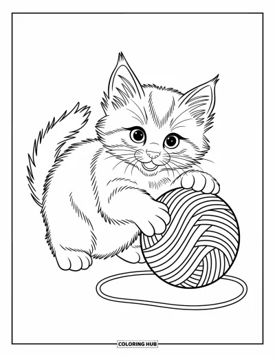 Cat Coloring Page for Kids: A curious kitten sits beside a ball of yarn, gently tapping the string with its paw