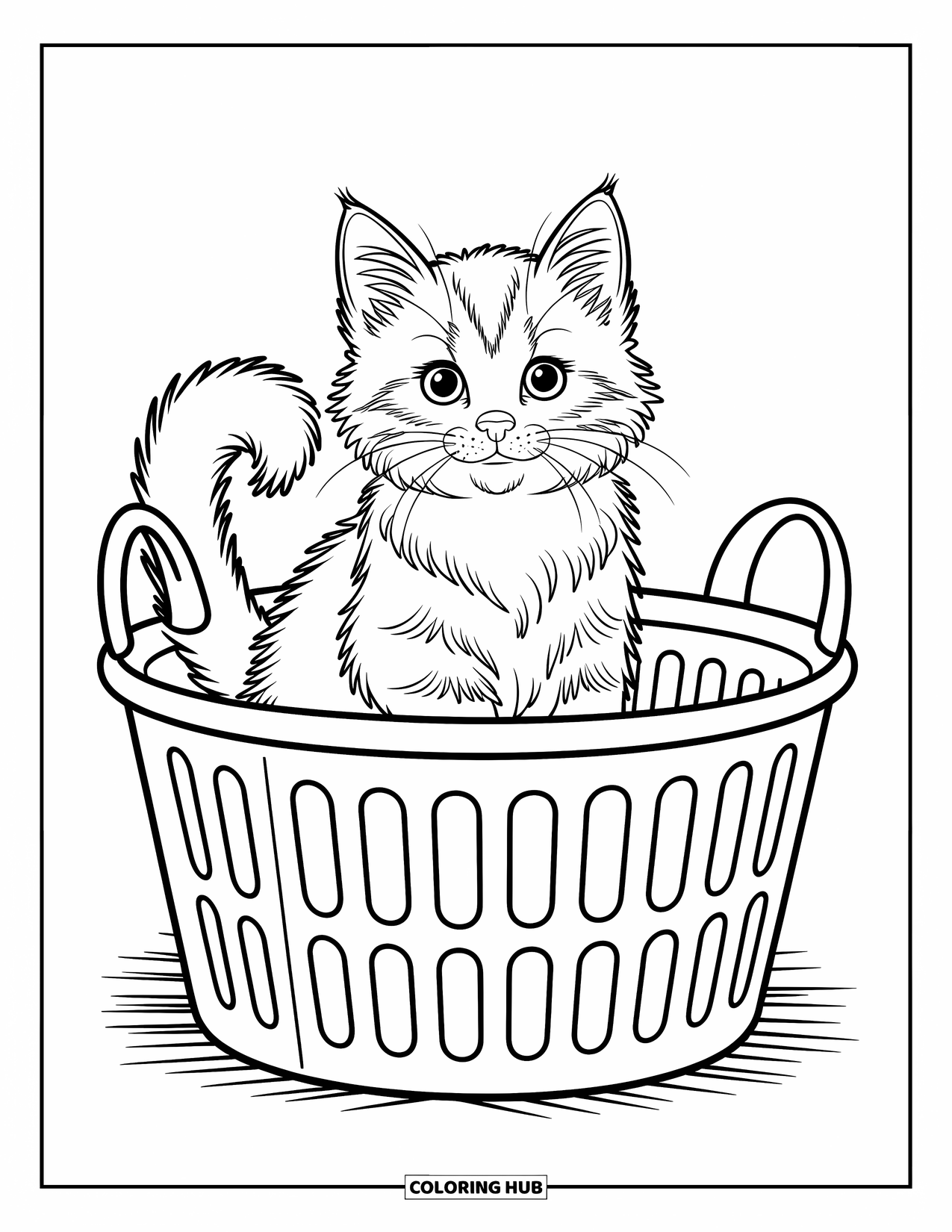 Kleurplaat Kat voor Kinderen: Een nieuwsgierige kitten staat op zijn achterpoten en reikt naar een zwevende veer