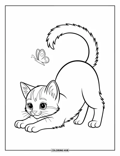 Cat Coloring Page for Kids: A curious kitten stretches, a tiny butterfly perched lightly on its swishing tail