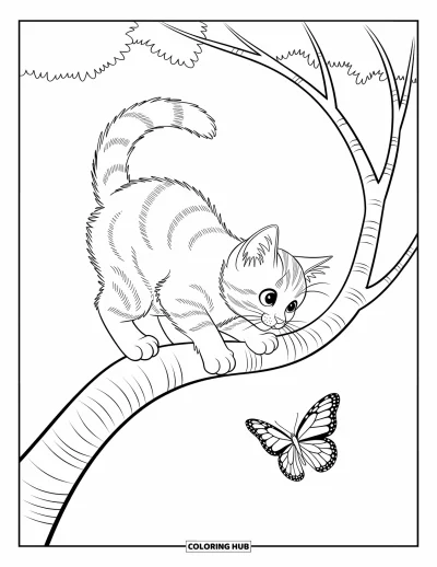 Cat Coloring Page for Kids: A curious tabby kitten leans toward a butterfly, perched precariously on a branch