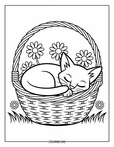 Cat Coloring Page for Kids: A curled-up kitten rests peacefully in a basket, surrounded by playful patterns