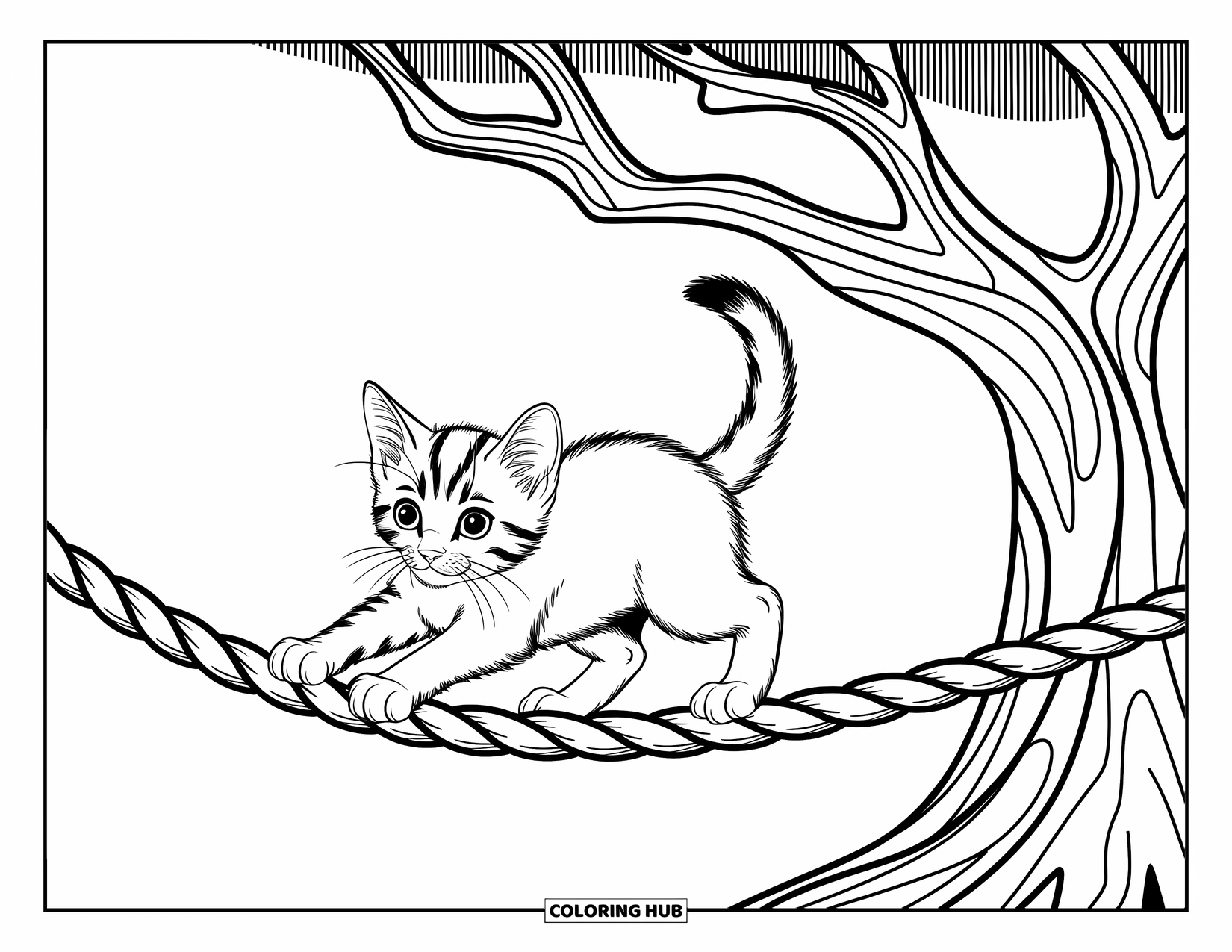Kleurplaat Kat voor Kinderen: Een gewaagde kitten balanceert op een touw, omlijst door vetgedrukte takken en ingewikkelde, moderne patronen