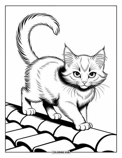 Cat Coloring Page for Kids: A daring kitten walks along a rooftop's edge, its silhouette bold against the crisp, open sky