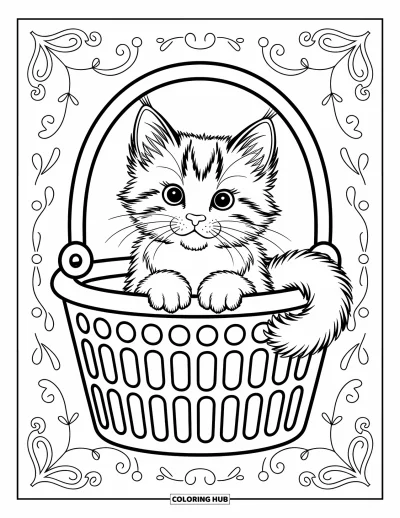 Cat Coloring Page for Kids: A fluffy cat pounces toward a wind-up mouse, its eyes wide with excitement