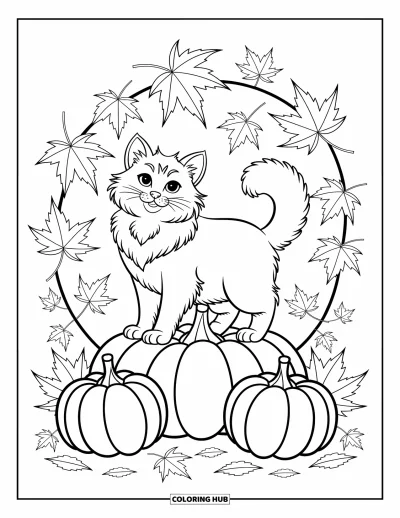 Cat Coloring Page for Kids: A fluffy cat stands among pumpkins, its tail flicking as autumn leaves swirl around in the breeze