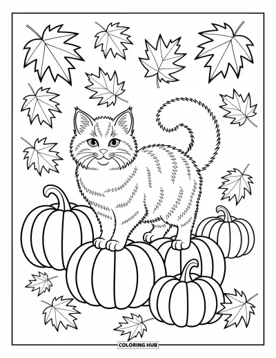 Cat Coloring Page for Kids: A fluffy cat stands on a pumpkin patch, surrounded by swirling autumn leaves in a whimsical scene