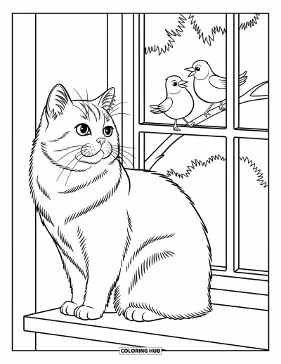 Cat Coloring Page for Kids: A fluffy cat watches two chirping birds from a cozy windowsill in a charming scene