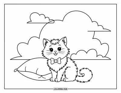Cat Coloring Page for Kids: A fluffy cat with a bow tie lounges next to a pillow, gazing happily