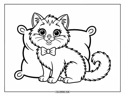 Cat Coloring Page for Kids: A fluffy cat with a bow tie sits next to a pillow, looking cozy and content
