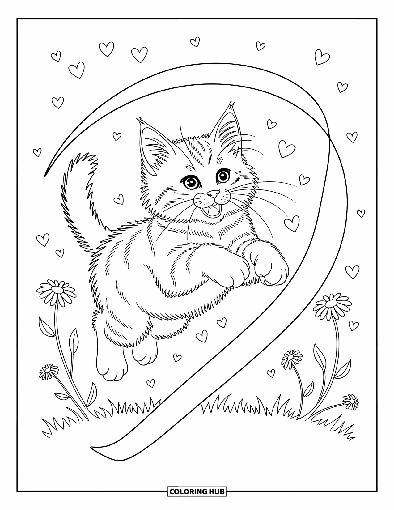 Kleurplaat Kat voor Kinderen: Een pluizige kitten springt vrolijk en reikt naar een lint in een grillig moment