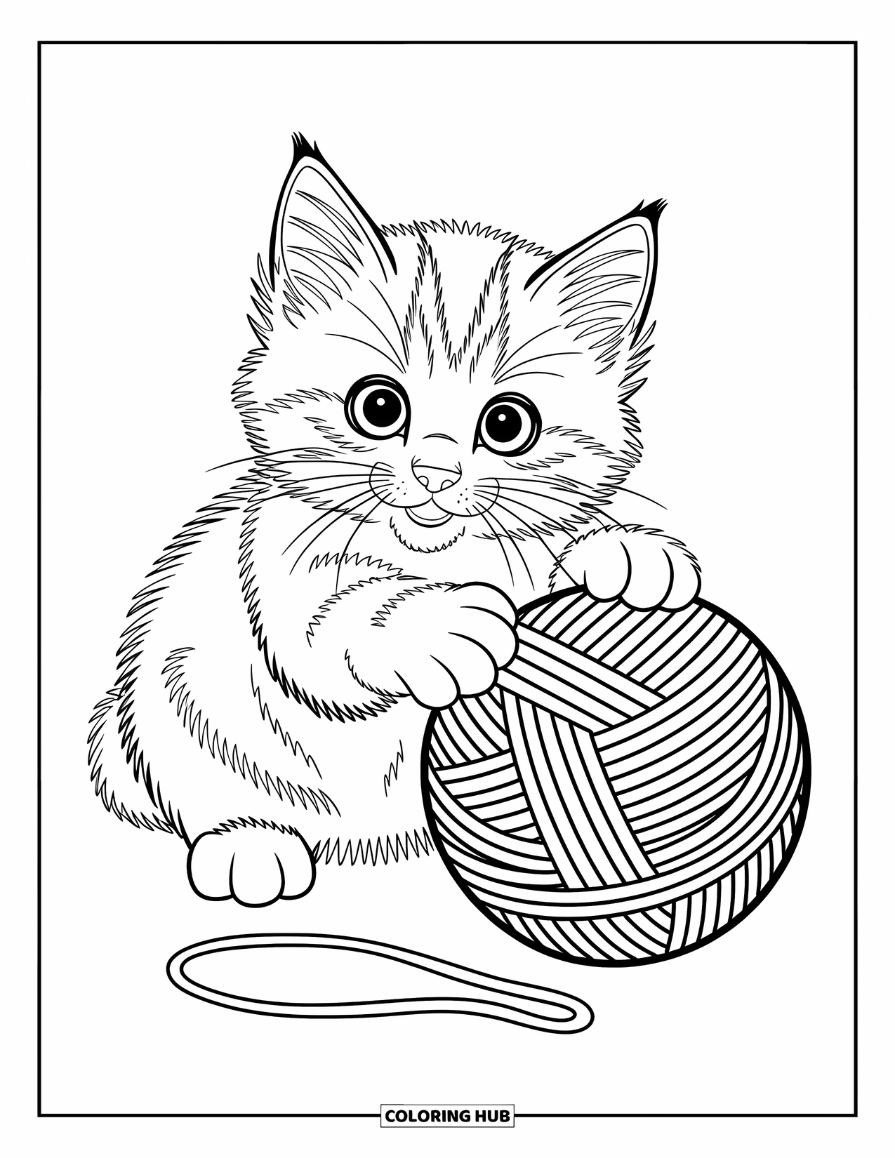 Kleurplaat Kat voor Kinderen: Een pluizig kitten slaat met zijn pootjes naar een bol wol, zijn ogen vol speelse nieuwsgierigheid
