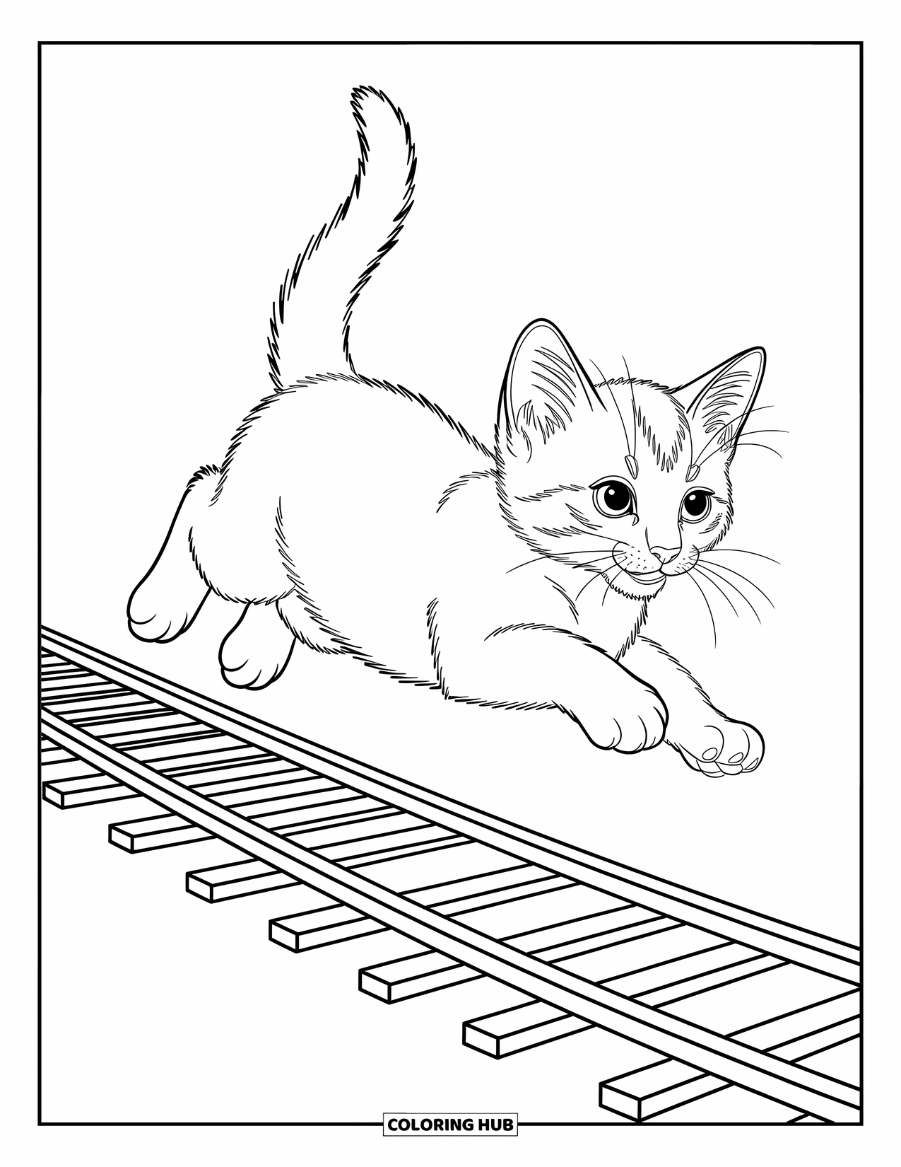 Kleurplaat Kat voor Kinderen: Een pluizig kitten rust in een mand gevuld met snacks, met eenvoudige patronen die charme toevoegen