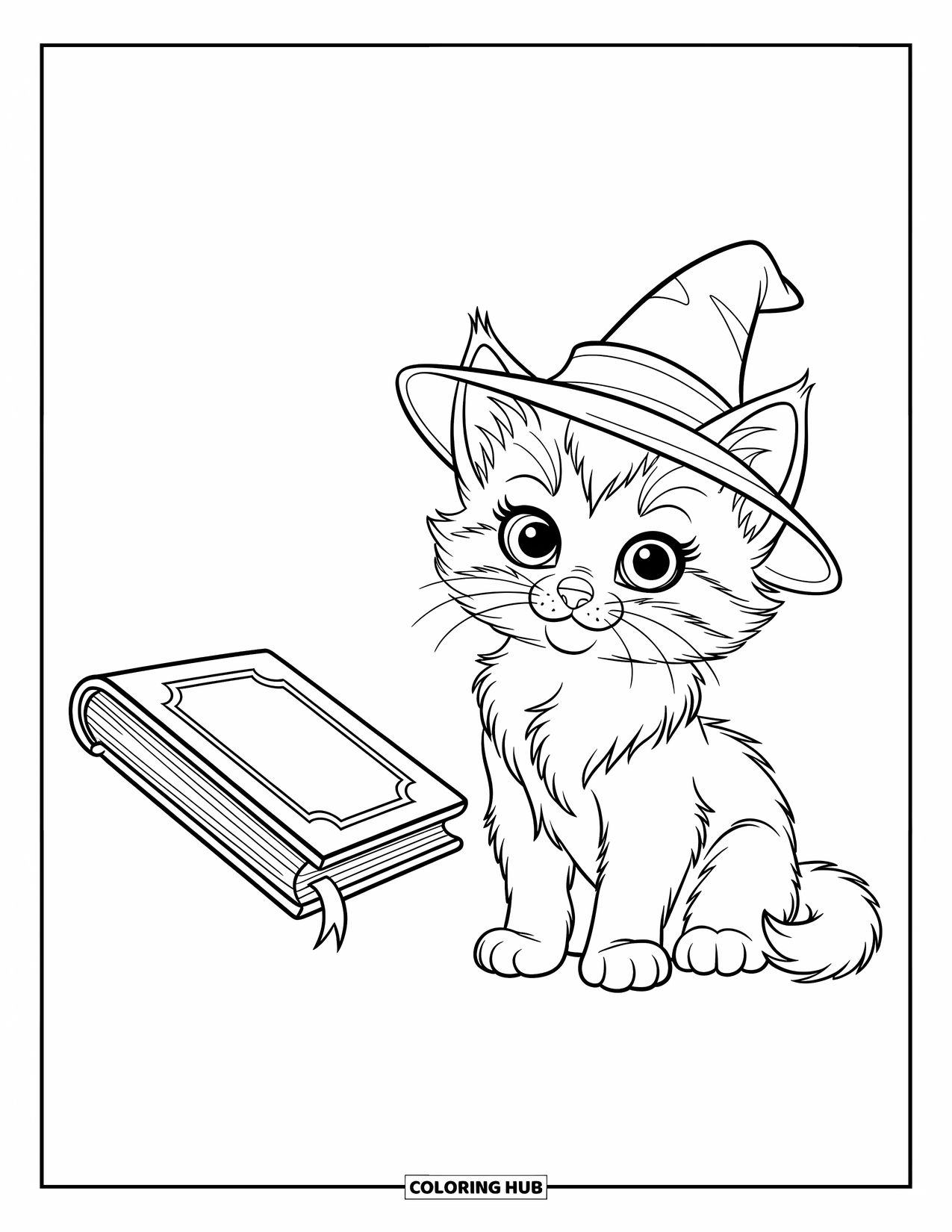 Kleurplaat Kat voor Kinderen: Een pluizig kitten zit naast een zwevend magisch boek, met een klein tovenaarshoedje op in een grillige scène