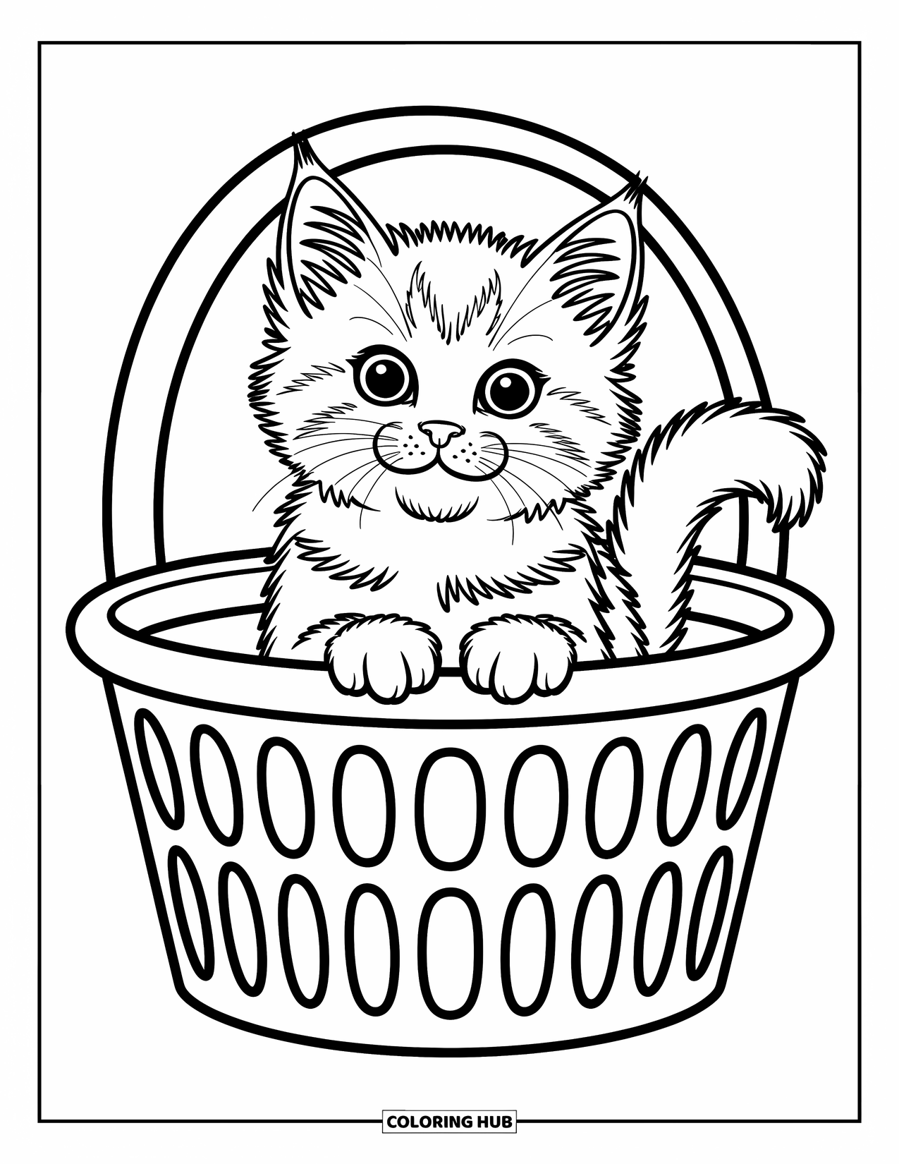Kleurplaat Kat voor Kinderen: Een pluizig kitten zit in een wasmand, zijn staart om het handvat gewikkeld