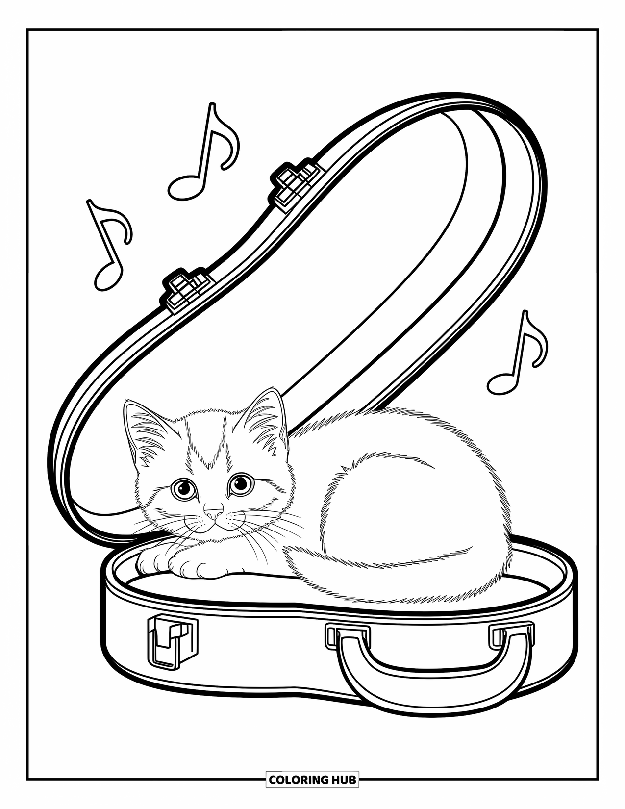 Kleurplaat Kat voor Kinderen: Een pluizig kitten nestelt zich in een vioolkist, zijn nieuwsgierige ogen piepen tevoorschijn te midden van ingewikkelde muzikale details