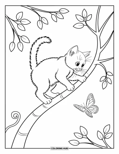 Cat Coloring Page for Kids: A fluffy kitten watches birds from a windowsill, its tail curling around its paws