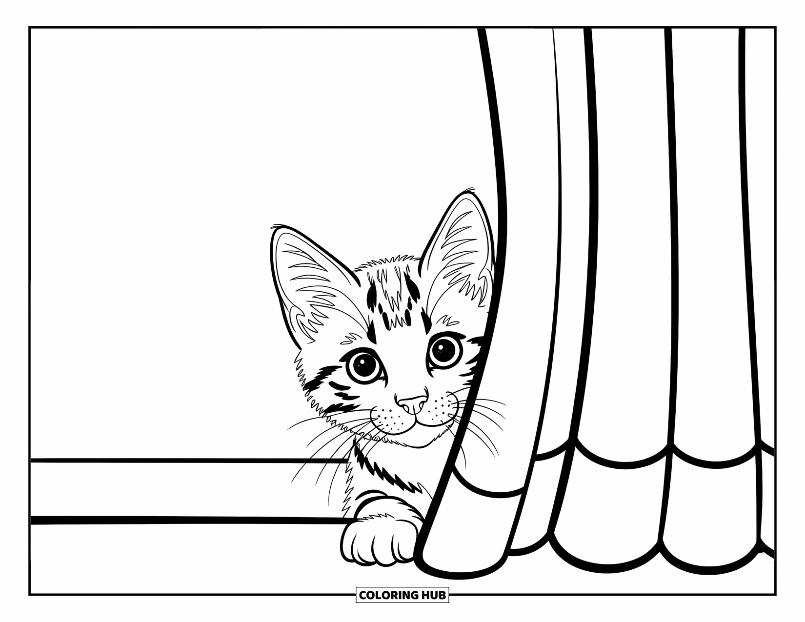 Kleurplaat Kat voor Kinderen: Een vrolijke kitten springt over een treinspoor, zijn poten reiken naar de lucht in een leuke scène