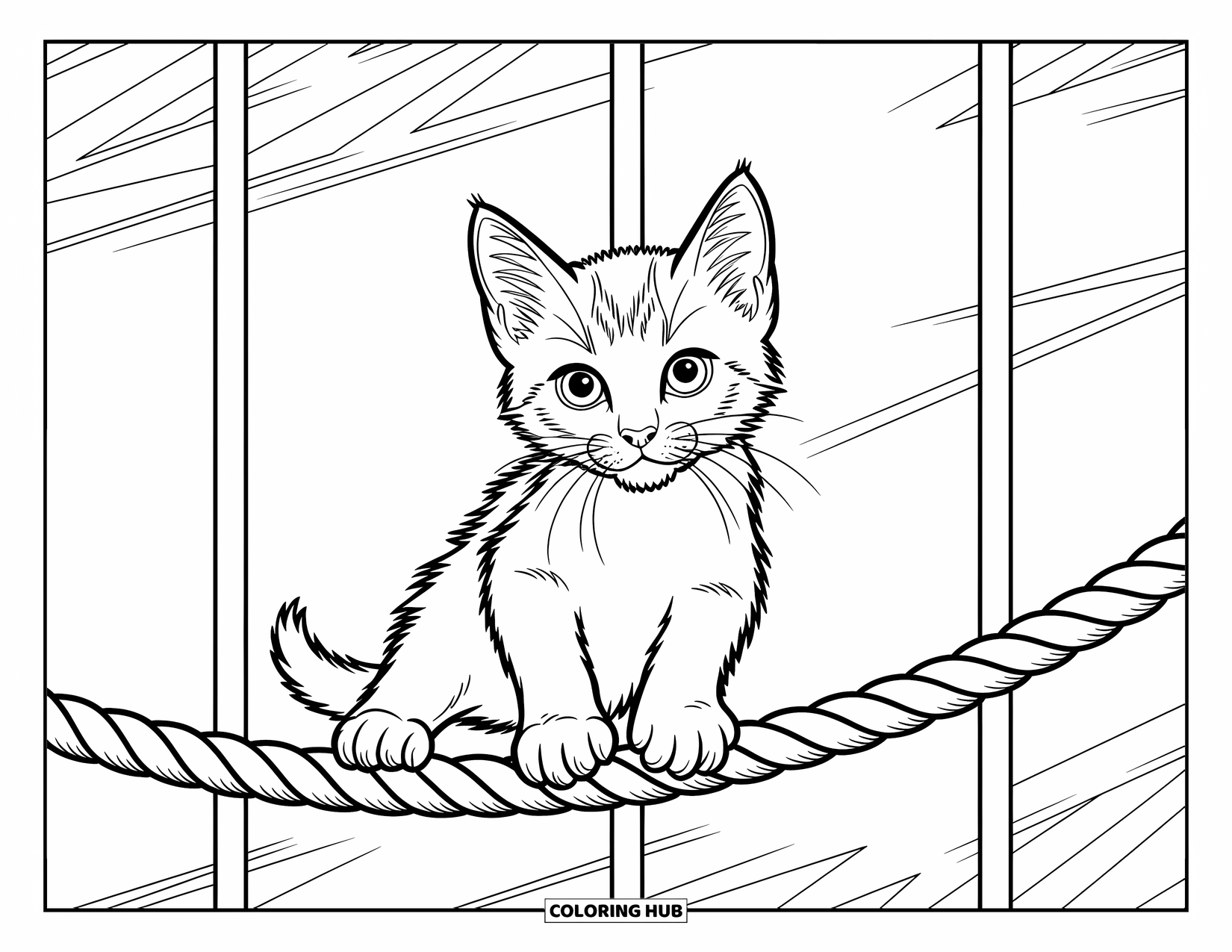 Kleurplaat Kat voor Kinderen: Een kitten houdt zich vast aan een dik touw, zwevend in de lucht met gedurfde, dynamische lijnen die zijn beweging vastleggen