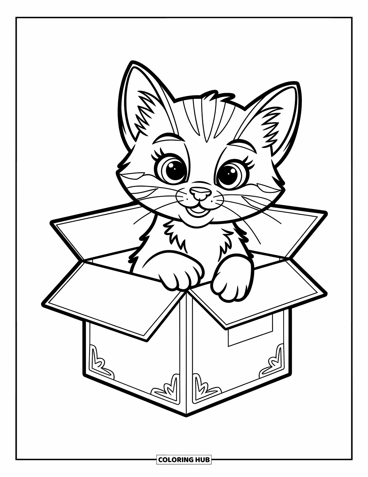 Kleurplaat Kat voor Kinderen: Een kitten verstopt zich in een kleine kartonnen doos, zijn pluizige staart krult over de rand