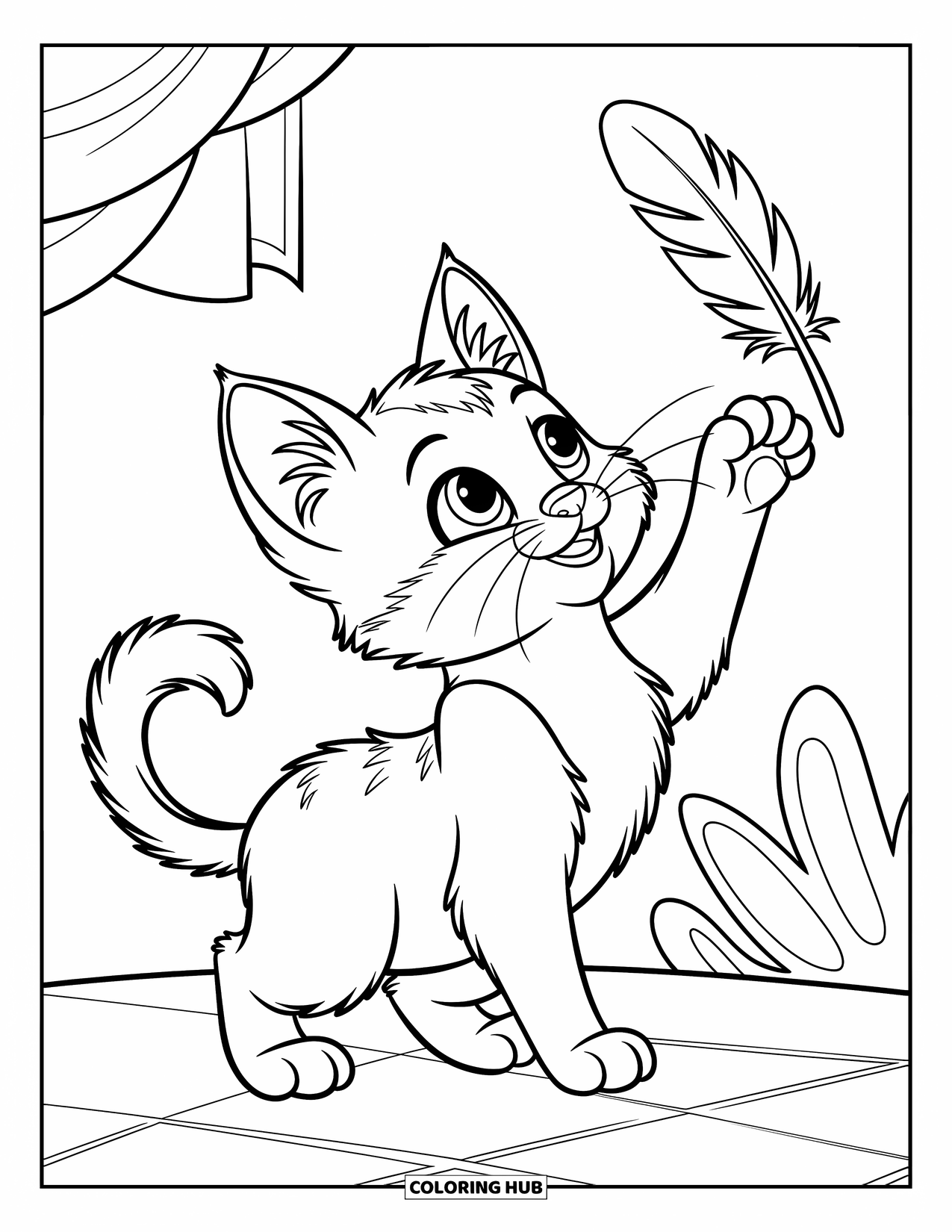 Kleurplaat Kat voor Kinderen: Een kitten in een theekopje kijkt op met een lieve en nieuwsgierige uitdrukking