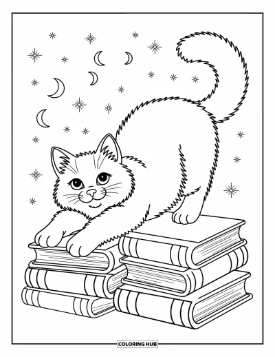 Cat Coloring Page for Kids: A kitten joyfully bats an acorn, with small flowers and scattered leaves adding charm