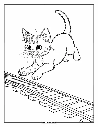 Cat Coloring Page for Kids: A kitten leaps gracefully over a toy train track, its tail arched playfully in mid-air