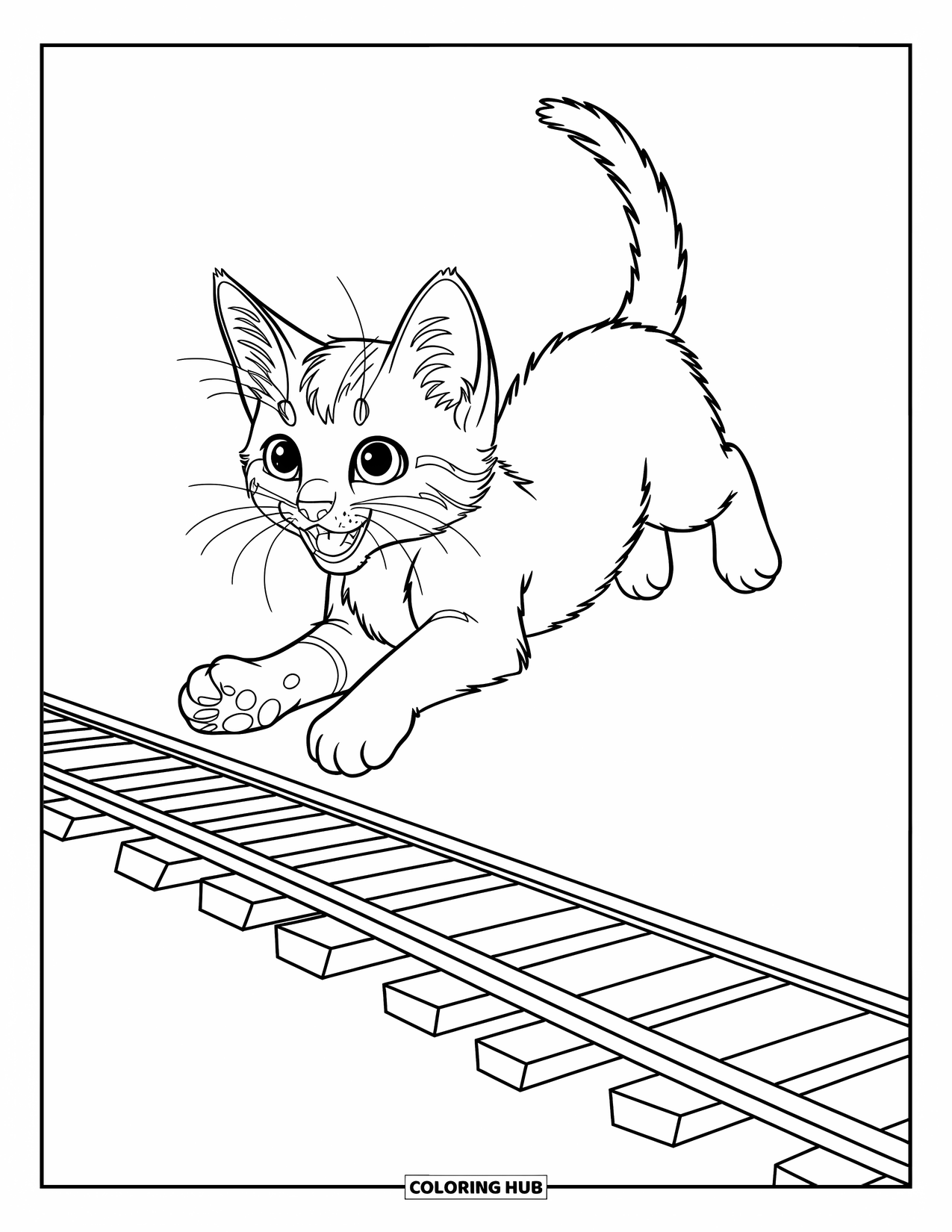 Kleurplaat Kat voor Kinderen: Een kitten springt sierlijk over een speelgoedtreinbaan, zijn staart speels gebogen in de lucht
