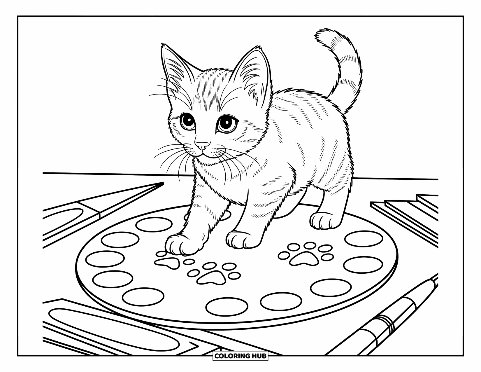 Kleurplaat Kat voor Kinderen: Een kitten laat speelse pootafdrukken achter op een verfpalet, omringd door expressieve en dynamische patronen