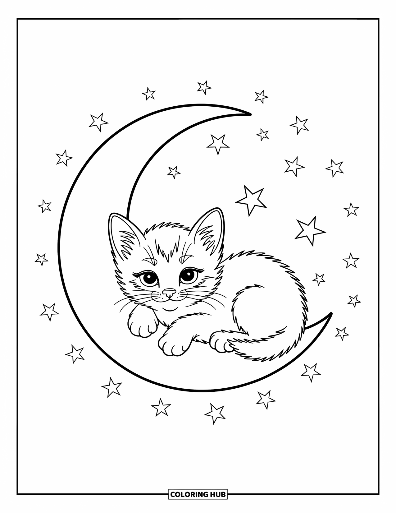 Kleurplaat Kat voor Kinderen: Een kitten ligt languit op een halve maan, zijn pootjes opgerold terwijl kleine sterren rond de dromerige scène flikkeren