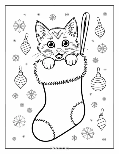 Cat Coloring Page for Kids: A kitten peeks excitedly from a Christmas stocking, with holly leaves and sparkling details adding charm