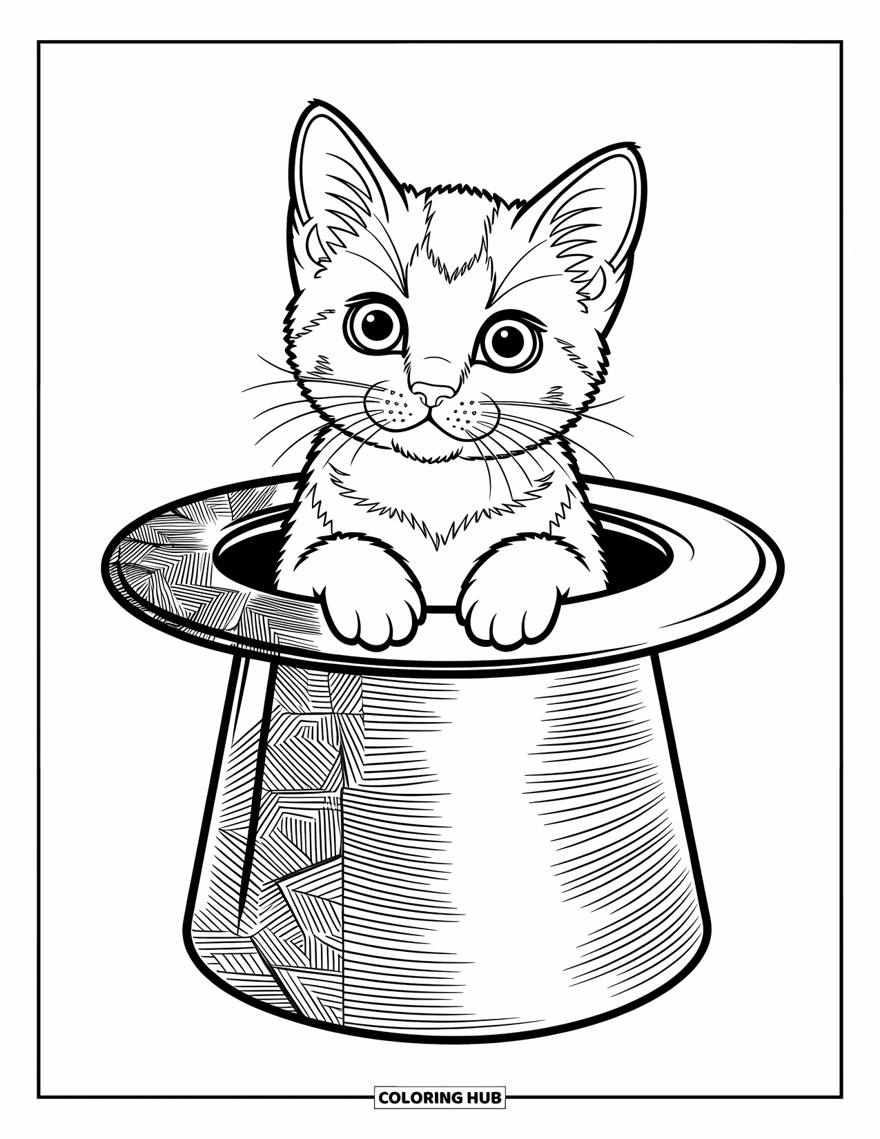 Kleurplaat Kat voor Kinderen: Een kitten piept uit de hoed van een goochelaar, met grillige patronen die een vleugje magische charme toevoegen