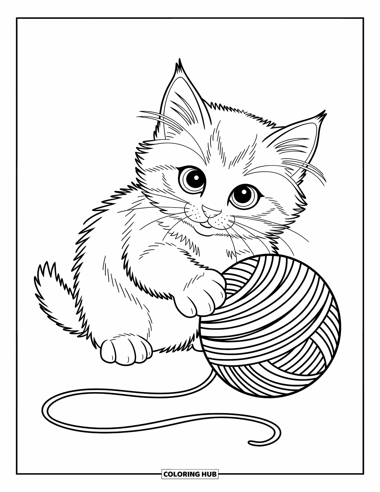 Kleurplaat Kat voor Kinderen: Een kitten slaat speels naar een grote bol wol, zijn staart gekruld van opwinding