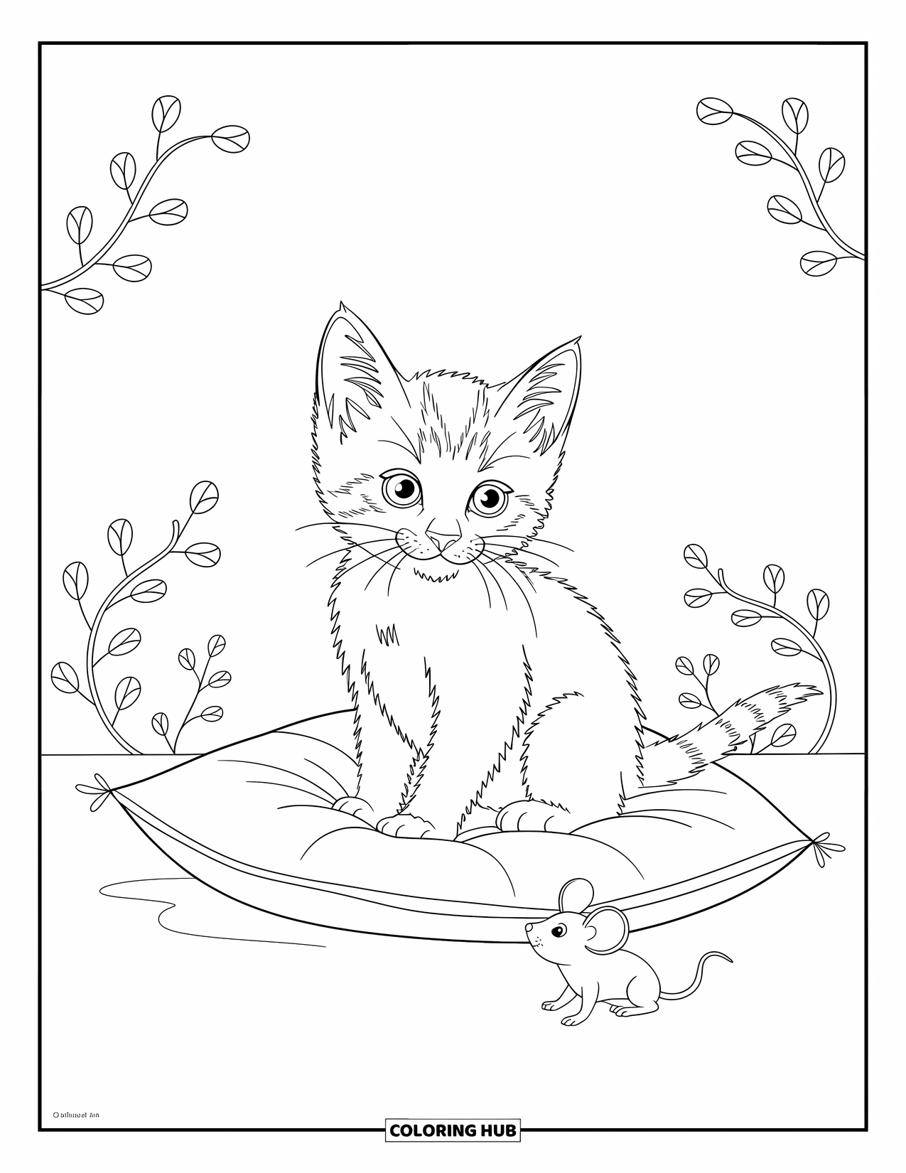 Kleurplaat Kat voor Kinderen: Een kitten zit op een zacht kussen en staart aandachtig naar een klein speelgoedmuisje