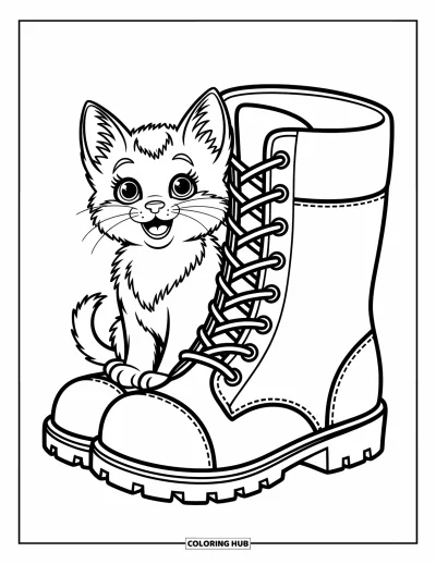 Cat Coloring Page for Kids: A kitten sits snugly inside a boot, its eyes shining with curiosity