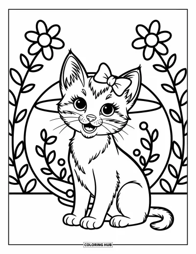 Cat Coloring Page for Kids: A kitten with a bow sits gracefully near a fishbowl, eyes full of wonder