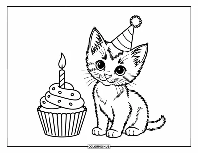 Cat Coloring Page for Kids: A kitten with a tiny party hat sits next to a cupcake with a candle