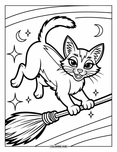 Cat Coloring Page for Kids: A lively cat rides a broomstick through the air, framed by crescent moons and playful swirling patterns