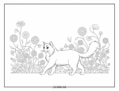 Cat Coloring Page for Kids: A long-haired cat moves through a vibrant garden, its silhouette framed by dynamic floral patterns